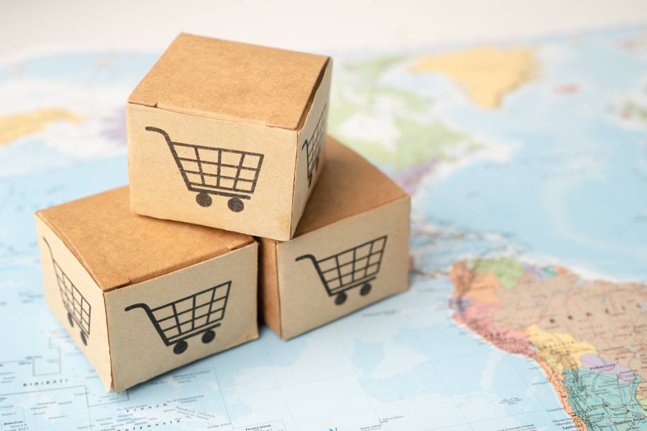 boxes over a map representing international markets 